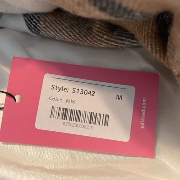 Edikted Presley Plaid Cotton Blend Puffer Jacket Brown Tan Cream Knit M - Picture 6 of 10